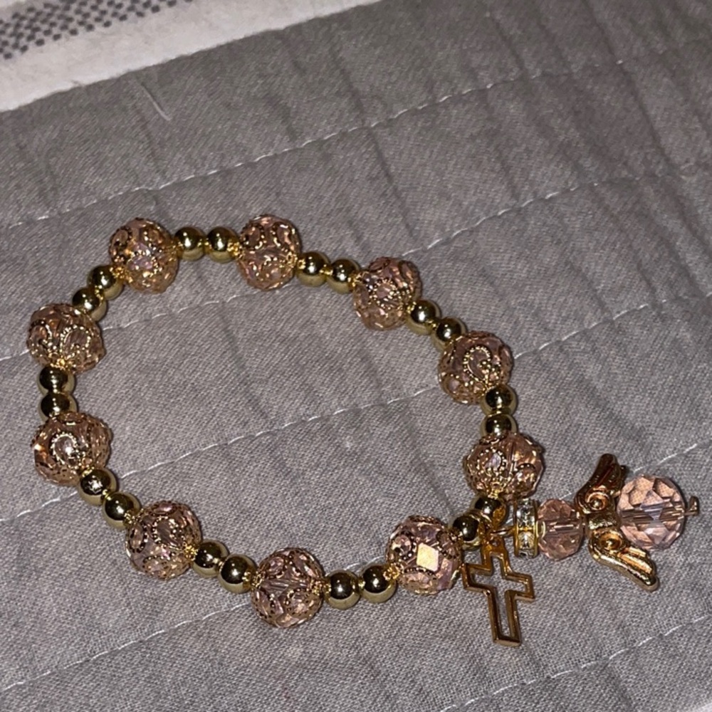 Cross and Angel Charmed Gold Beaded Bracelet - Picture 4 of 4